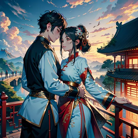 tmasterpiece，A high resolution，Complex scenes，detailed face with，CG animation，Chinese mythology and story Qixi Festival，wonderland，bru，（Boys and girls hugging each other on the bridge），illustration，Crane，Clouds，