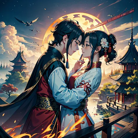 tmasterpiece，A high resolution，Complex scenes，detailed face with，CG animation，Chinese mythology and story Qixi Festival，wonderland，bru，（Boys and girls hugging each other on the bridge），illustration，Crane，Clouds，