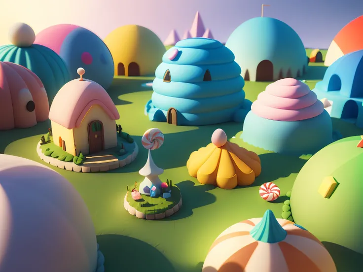 (cute world of candy, full size 3d candyland), highly detailed, super cute, superb lighting, volumetrics, by Jon Klassen, Ghibli Studio style, Tilt - shift, 80mm lens, unreal engine, Large aperture, 3d, blender, masterpiece, super detail, best quality, --v...