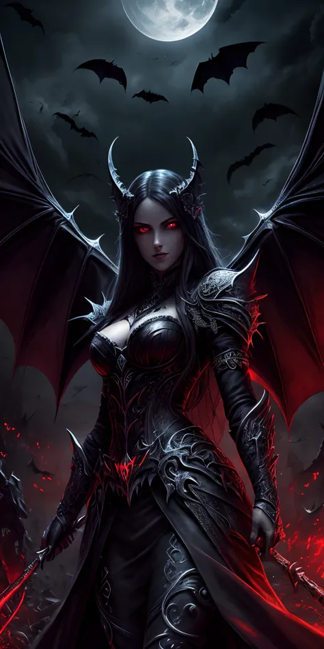 Fine, (Best Illustration), 8k Resolution, Intricate Details, Best Quality, Realistic, Ultra Detailed, Best Lighting, Best Shadows, Ultra HD, A Necromancer, Night, Magic, Dark Style, Vampire, Bat wings, red glowing eyes --auto