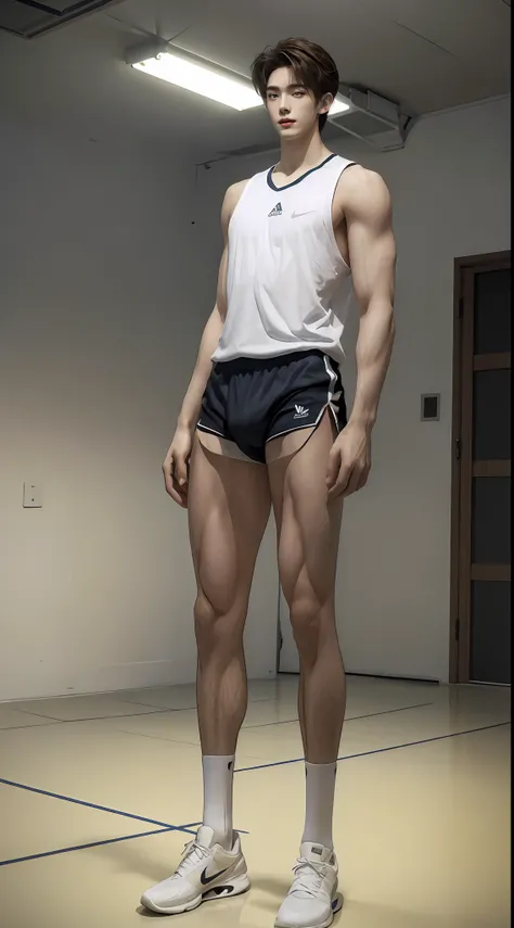 (((Best quality))),(((Ultra detailed))),(((Masterpiece)))，（Cute tall Shota：2），The height of a volleyball player，Titan muscles，Bodybuilding champion，solo person，（full bodyesbian：3），（Stay away from the lens：3），Expose your legs，（revealing the whole body：2），（F...