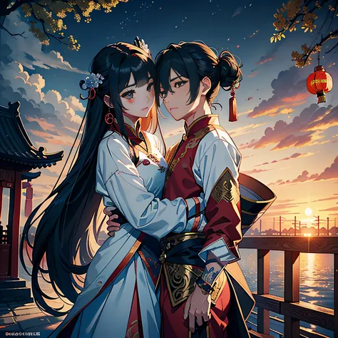 tmasterpiece，A high resolution，Complex scenes，detailed face with，CG animation，Chinese mythology and story Qixi Festival，wonderland，bru，（Boys and girls hugging each other on the bridge），illustration，Crane，Clouds，