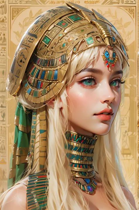 1girll,blond straight hair，Traditional Egyptian wigs，Egyptian attire，Egyptian dress-up，queen of Egypt，goddes，Young girls，Emerald eyes，Elaborate Eyes，beauitful face，Stand by the lotus pond，Meticulous CG，Movie images，Snake decoration，Bracelet in the shape of...