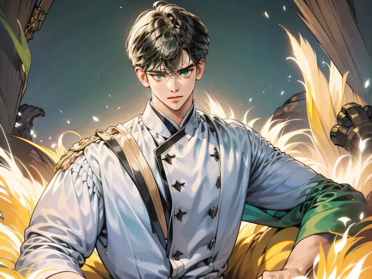 Green-eyed boy, Dark green hair, White cloak and white shirt with golden details, Evil expressions, Crystal and waterlit cave background. White cloak, White shirt