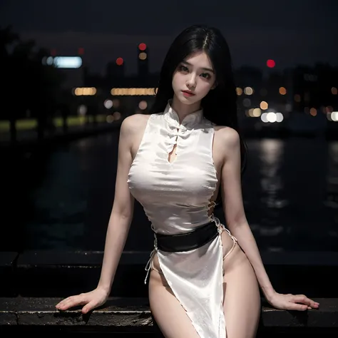 Full body,Raw photo, masterpiece, best quality,1girl,Chinese clothes, upper body, city lights in background, looking proud,big breasts,looking at viewer ,tilt head, composition, cinematic lighting, outdoor