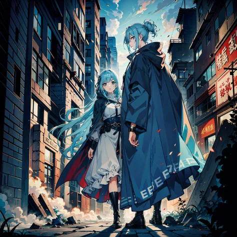 Beautiful light blue haired woman fighting mass zombies、Sharp Eyebrows、big eye、Dark eyelashes、wearing cloak、ruined and devastated city、earthquakes、Ground cracking、Tons of zombies coming out of the ground、（highestdetailed）、（Top image quality）