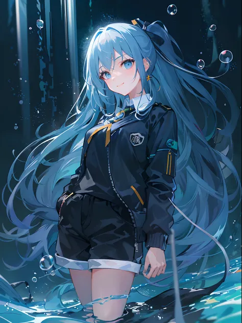 ((top-quality)), ((​masterpiece)), ((ultra-detailliert)), (extremely delicate and beautiful), girl with, 独奏, cold attitude,((Black jacket)),She is very(relax)with  the(Settled down)Looks,A dark-haired, depth of fields,evil smile,Bubble, under the water, Ai...