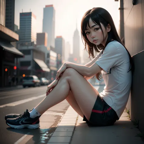 8k raw, best quaity, realistic, photo realistic, city, aperture f/1.8, professional lighting, Chinese girl, short pants, sport short pants, full body, sitting, dolfin shorts