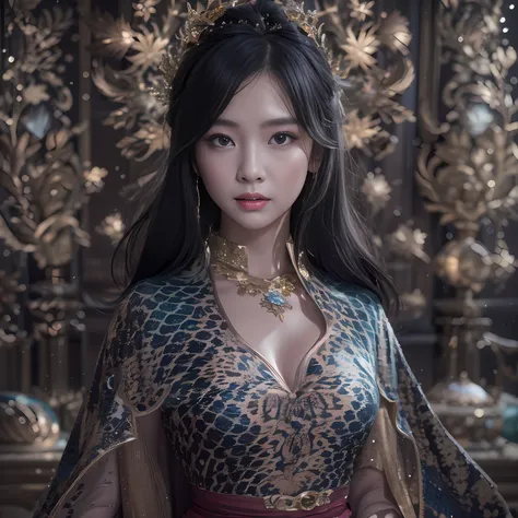 32K（tmasterpiece，k hd，hyper HD，16k）Black hair short hair，Vintage wooden train in the back room，Snowflake girl ，Protector of the Golden Dragon （realisticlying：1.4）Black hair，Python pattern robe，Purple-pink tiara，Snowflakes fluttering，Black hair，The backgrou...