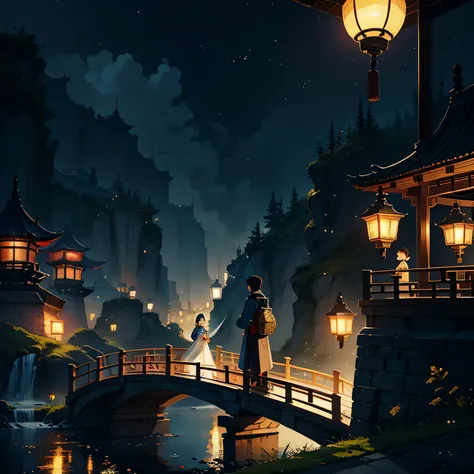 Two people stood on the bridge，There are lanterns hanging in the sky, A beautiful artwork illustration, fairy-tale illustration style, dreamlike illustration, illustration!, Chinese fantasy, Fine quality illustrations, （boy girl traditional romance）, 2 d i...