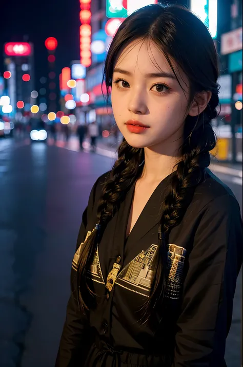 1girl, Fishtail braid, Tokyo street,night, cityscape,city lights, upper body,close-up, 8k, RAW photo, best quality, masterpiece,realistic, photo-realistic,