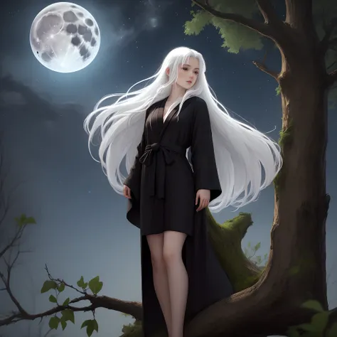 Woman with very long straight white hair wearing a black bathrobe on top of a tree at midnight with a full moon