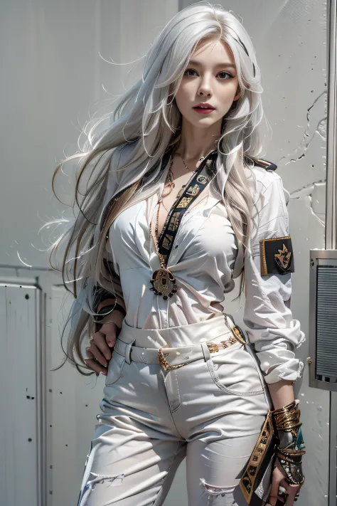 Photorealistic, high resolution, 1womanl, Solo, Hips up, view the viewer, (Detailed face), White hair, Long hair, army suit, jewelry