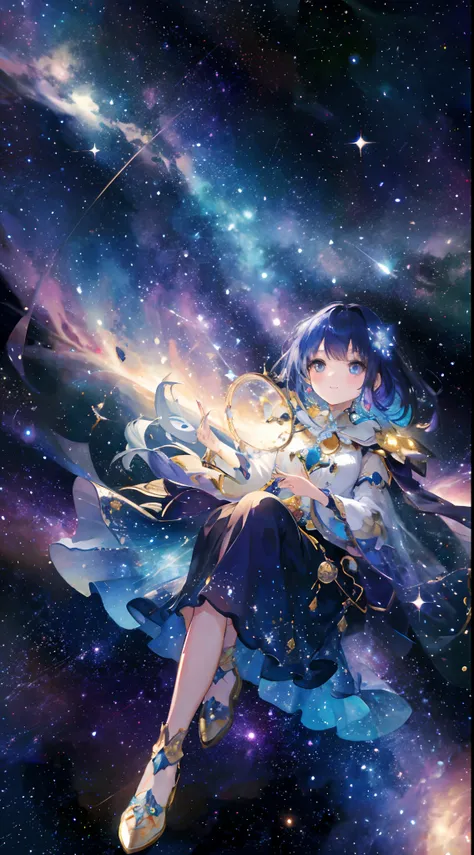 High detail, super detail, super high resolution, girl enjoying her time in the dreamy galaxy, surrounded by stars, warm light sprinkled on her, background with starry sky with colorful galaxies and galactic clouds, stars flying around her, adding a playfu...