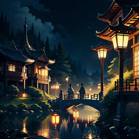 Two people stood on the bridge，There are lanterns hanging in the sky, A beautiful artwork illustration, fairy-tale illustration style, dreamlike illustration, illustration!, Chinese fantasy, Fine quality illustrations, （boy girl traditional romance）, 2 d i...