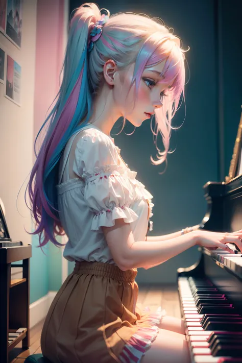 Girl Playing the Piano　Hair colorful　pop music　music　Artistically　art by　colourfull