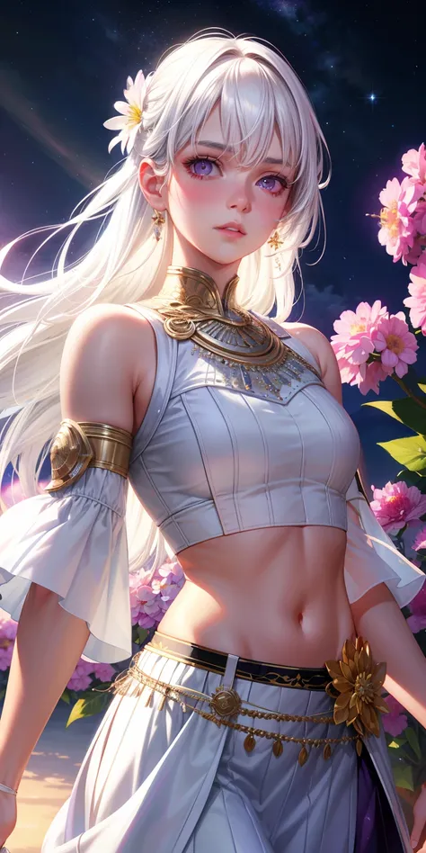 realistic, 1girl, white hair, purple eyes, glowing eyes, crop top, skirt, parted lips, blush, night, flowers, sun, sunlight,