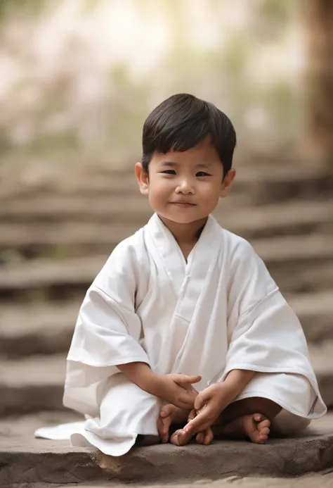 Close-up of a child sitting on the ground in a white robe, he is greeting you warmly, dressed in simple robes, peaceful expression, prayer meditation, blessing hand, little boy wearing nun outfit, peace, wearing white robes with!, very calm and wholesome, ...