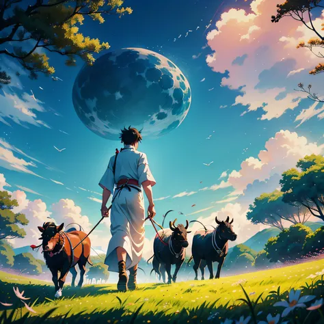 Cartoon image of a man herding cattle in a field, Tanabata Festival, Inspired by Seki Dosheng, Chiba Yuda, Wuxia, Chinese fantasy, onmyoji, Chinas Qixi Festival, trending on cgstation, Chinese mythology