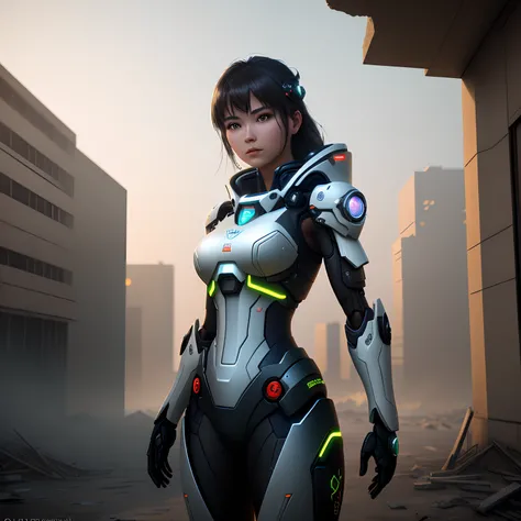 ((Best quality)), ((masterpiece)), (highly detailed:1.3), 3D,Shitu-mecha, beautiful cyberpunk women with her mecha in the ruins of city from a forgoten war, ancient technology,HDR (High Dynamic Range),Ray Tracing,NVIDIA RTX,Super-Resolution,Unreal 5,Subsur...