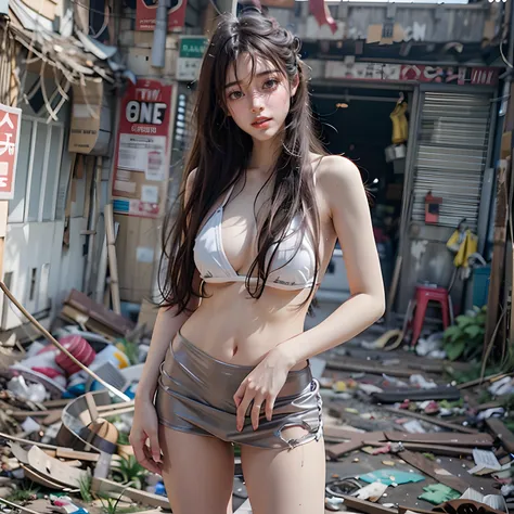 Highest image quality，best qualtiy，tmasterpiece，abandoned building，Garbage all over the ground，grimy，18-year-old Korean beautiful girl，Sexy standing pose，full-body portraits，Random white transparent bikini，very beautiful long slim legs，((Wearing a naked))(...