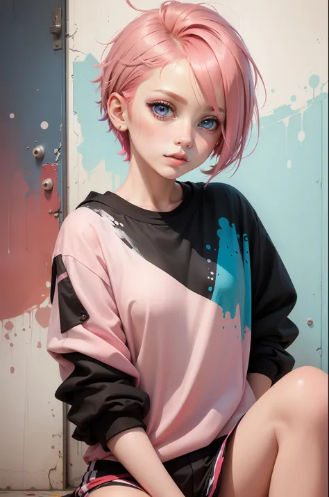 Abstract painting of a beautiful tomboy girl, pink hair, blue and red odd eye, short hair