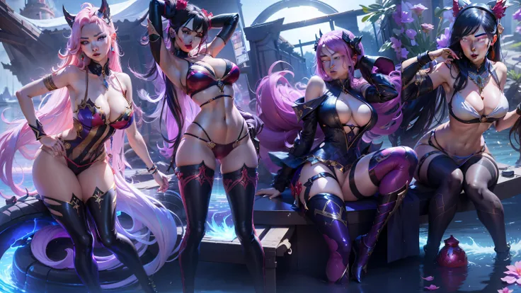 Three sexy women in dresses posing in front of the mirror, kda, style league of legends, Badass anime 8 K, style of anime4 K, Extremely detailed Artgerm, from league of legends, 8K high quality detailed art, Best anime 4k konachan wallpaper, League of Lege...