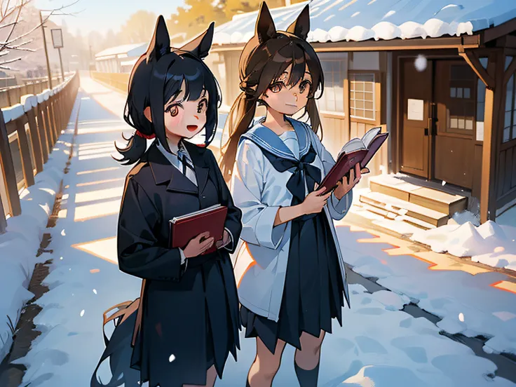 Two school-style girls，horse tailed，Pure，校服，Normal figure，With a smile，Background teaching building，rays of sunshine，Snow-whiteskin，Brown eyes，hair black，Holding a book