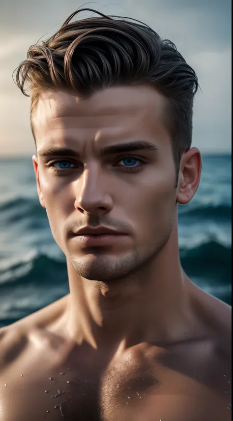 Handsome men, freckle, Dark makeup, hyperdetailed photo, Soft light, Head, Portrait of shoulders and torso, cover, Beautiful 20s boy Matt, Wet hair, Dreamy blue eyes, Big waves, Night, Sharp Focus, epic lighting, Detailed face, Sub-surface scattering, Matt...