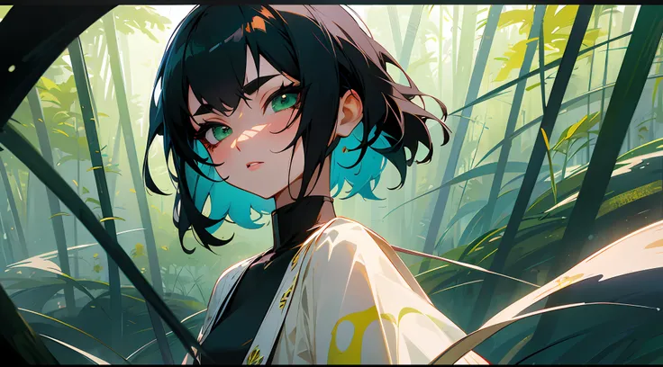 Original Characters、Wide angle shot、Volume Lighting、Best Shadows、Shallow depth of field、Portrait of an amazingly beautiful girl、Delicate beautiful attractive face with petite and seductive eyes、Straight path through the forest、Sharp Eyebrows、Black Hair Sho...