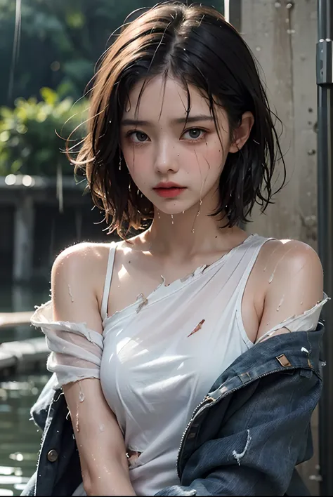 Best picture quality, masterpiece, ultra high resolution, (fidelity :1.4), photo, 1 girl,[(sadness)],white shirt, Dim, dark, desperate, pitying, pitiful, cinematic,tear,teardrop,(Torn clothes:1.5), (Wet clothes:1.4), bare shoulders,Real rain,wet hair,..