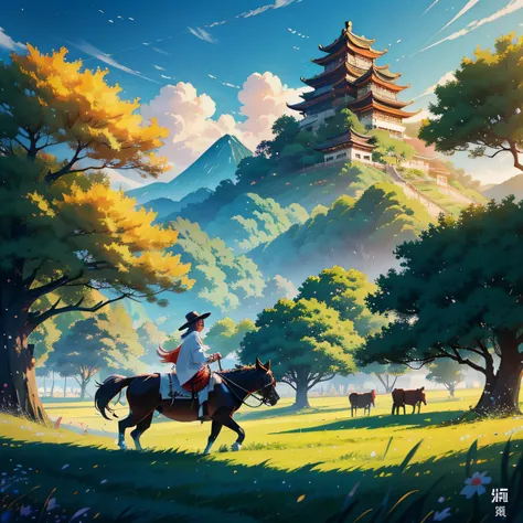 Cartoon image of a man herding cattle in a field, Tanabata Festival, Inspired by Seki Dosheng, Chiba Yuda, Wuxia, Chinese fantasy, onmyoji, Chinas Qixi Festival, trending on cgstation, Chinese mythology