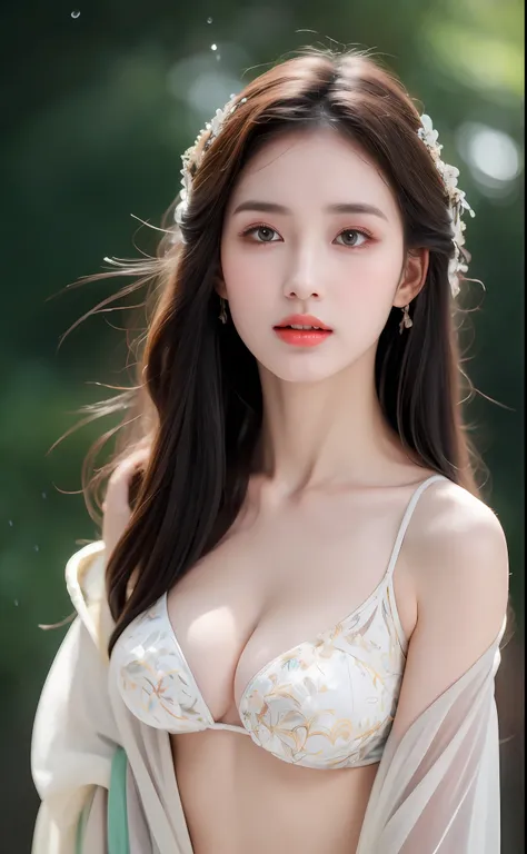 ((Best Quality, 8k, Masterpiece: 1.3)), Focus: 1.2, Perfect Body Beauty: 1.4, Buttocks: 1.2, ((Layered Haircut)), (Wet Clothes: 1.1), (Rain, Street:1.3), (Breasts: 1.2), (Hanfu: 1.2), Bare Shoulders, Bare Legs, Highly Detailed Face and Skin Texture, Fine E...