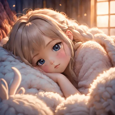 Close view of a cute beautiful girl sleeping in a fluffy wool fantasy bed. The girls serene expression is highlighted by the soft, diffused lighting that emanates from the canopy above. The details of the fluffy wool bedding are vividly captured, revealing...