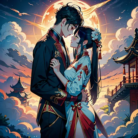 tmasterpiece，A high resolution，Complex scenes，detailed face with，CG animation，Chinese mythology and story Qixi Festival，in wonderland，bru，（Boys and girls hugging each other on the bridge），illustration，Crane，Clouds，