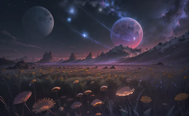 (Absurd, Cinematic, hyper HD, supreme, Ultra detailed, Ultra detailed), Deep purple sky, Nebula in the sky, The last 5 in the sky, large moon in the sky, meteors, dandelion field, Mountain, Oil painting, Detailed dandelion fields, Detailed sky, Sunset, Unr...