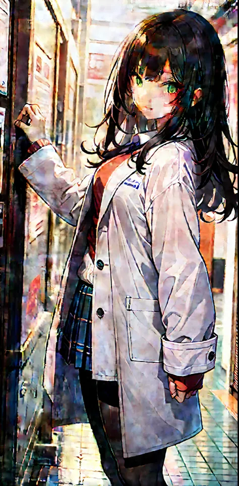 Long black hair, school uniform, Plaid pleated skirt, White coat, Green eyes, White skin, Asian girl, Black thick tights