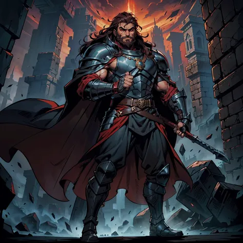 Darkest dungeon style, Sadurang from Marvel, hunk, wild mane hair, defined face, detailed eyes, short beard, glowing red eyes, dark hair, wearing heavy armor, cape of furs, scaled armguards, scaled sleeves, grey pants, heavy boots