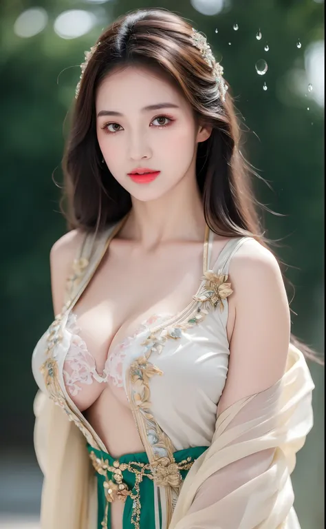 ((Best Quality, 8k, Masterpiece: 1.3)), Focus: 1.2, Perfect Body Beauty: 1.4, Buttocks: 1.2, ((Layered Haircut)), (Wet Clothes: 1.1), (Rain, Street:1.3), (Breasts: 1.2), (Hanfu: 1.2), Bare Shoulders, Bare Legs, Highly Detailed Face and Skin Texture, Fine E...