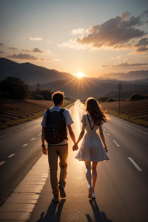 A long road，A couple walking on the road holding arms，The setting sun shines on the roads and on them