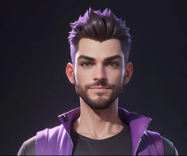 um close up de um homem com uma jaqueta roxa e barba, Personagem de Fortnite, estilo de arte realista, retrato headshot do personagem, estilo de arte fotorrealista, 3 d render de jerma 9 8 5, Maxwell render, jett de valorant, como um personagem de fortnite...