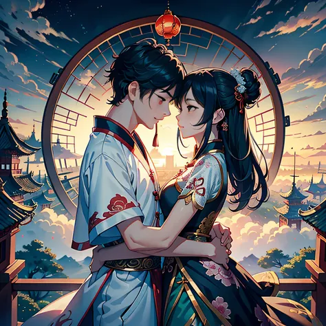 tmasterpiece，A high resolution，Complex scenes，detailed face with，CG animation，Chinese mythology and story Qixi Festival，in wonderland，bru，（Boys and girls hugging each other on the bridge），illustration，Crane，Clouds，