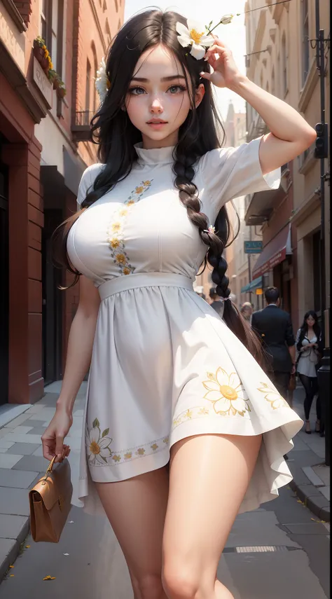 8k, highres, ultra detailed, (masterpiece:1.4), best quality, symmetrical body, a beautiful 18 year old student, (white weightless casual dress with flower pattern:1.5), full body shot, cute, solo, long hair, black hair, braid hairstyle, blue eyes, glow ef...