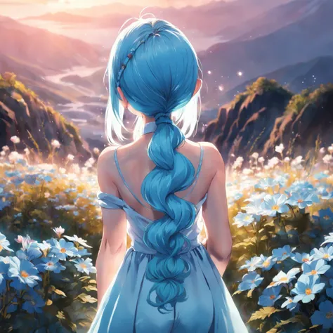 ((back view photo)) of a young beautiful girl, with her ((light blue pony tail hair)) (ful body portrait), she is holding a magical bright flower, high resolution image, 4K, magical landscape,