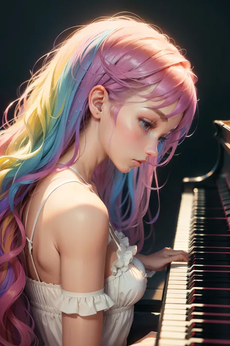 Playing the piano keys　girl with　Hair Colorful　pop music　Music　Artistically　art by　colourfull　natural soft light