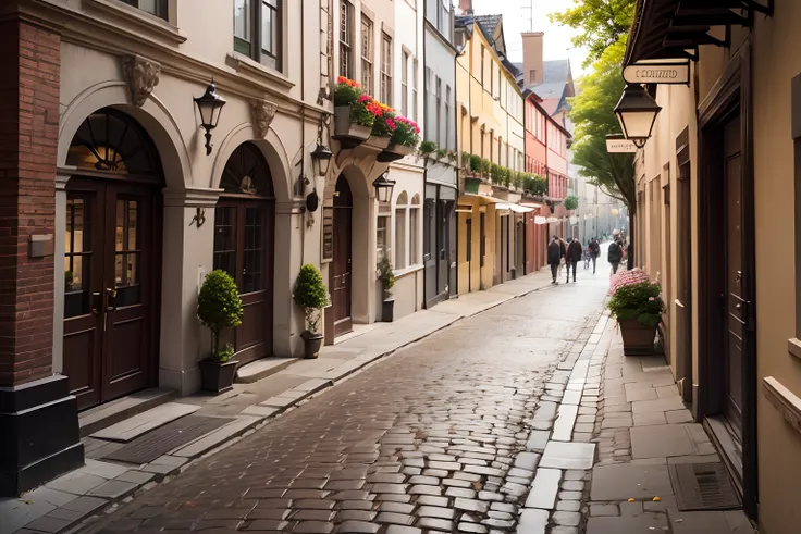 "Cozy Vibes - A charming cobblestone street adorned with vibrant flowers."