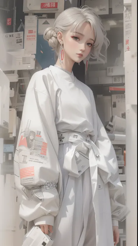 Arapefi, Wearing a white coat and white dress, Stand in front of the store, newspaper style, voluminous sleeves, She is seen wearing streetwear pieces, japanese streetwear, pale and coloured kimono, inspired by Gao Cen, by Kamagurka, muted cyberpunk style,...