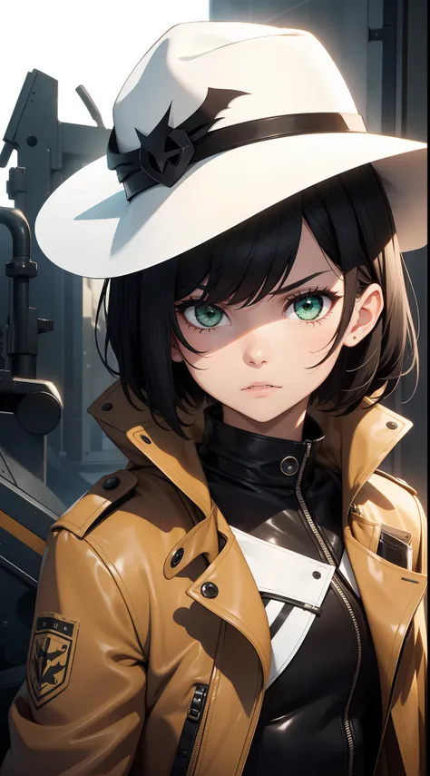 young girl, short black hair, Green eyes, White Mask, brown leather coat, hat, Rorschach, angry, Masterpiece, hiquality