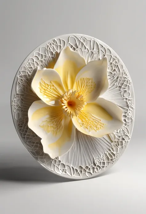 There is a bone china plate，Daffodil lace flower，Bone china plate design artwork，Modern artwork，top views，Best results，artwork of a，best qualtiy,8K,3D，Color decoration，top Quority，the detail，The edges are patterned，Add details