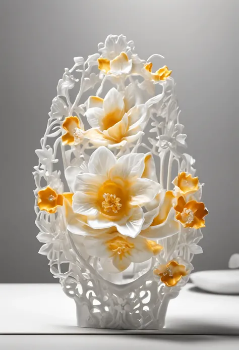 There is a bone china plate，Daffodil lace flower，Bone china plate design artwork，Modern artwork，top views，Best results，artwork of a，best qualtiy,8K,3D，Color decoration，top Quority，the detail，The edges are patterned，Add details